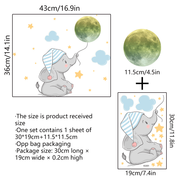 Blå drøm klistremerke veggmaleri lysende baby elefant måne stjerne, til