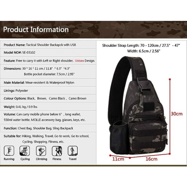 Tactical Shoulder Bag - Camo Black Military Sling Backpack C