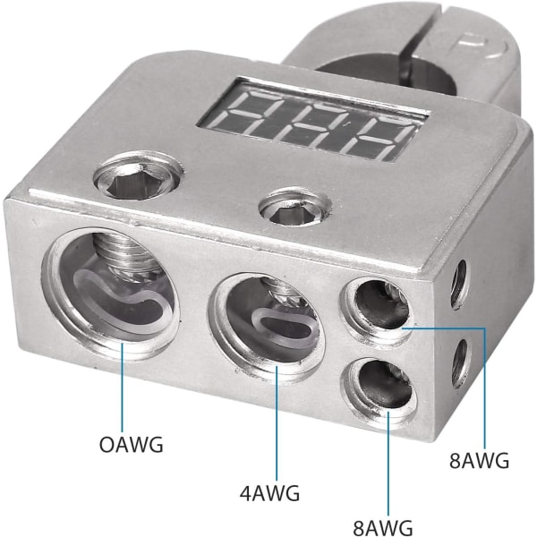 Sølv, Batteri Lug Bilterminaler 2 stk med Voltmeter - 0/4/8 eller 10 Gauge AWG Positiv Negativ Batt