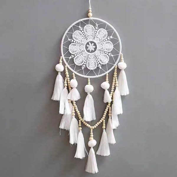 Drømmekatcher Væghæng med Pomponer Stor Hvid Drømmekatcher Træperler Boho Væghæng, Håndlavet Kvaster Ornament