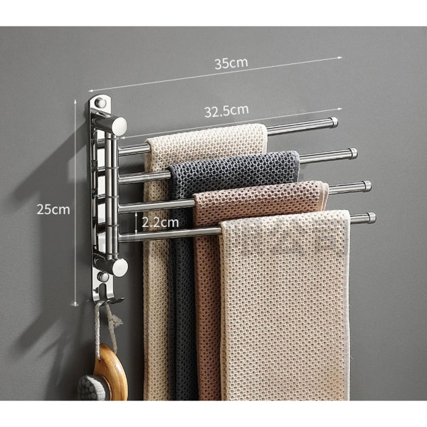(Silver) Handduksstänger med 4 180° roterande SUS304 rostfritt stål stänger väggmonterad handdukshållare handduks tork