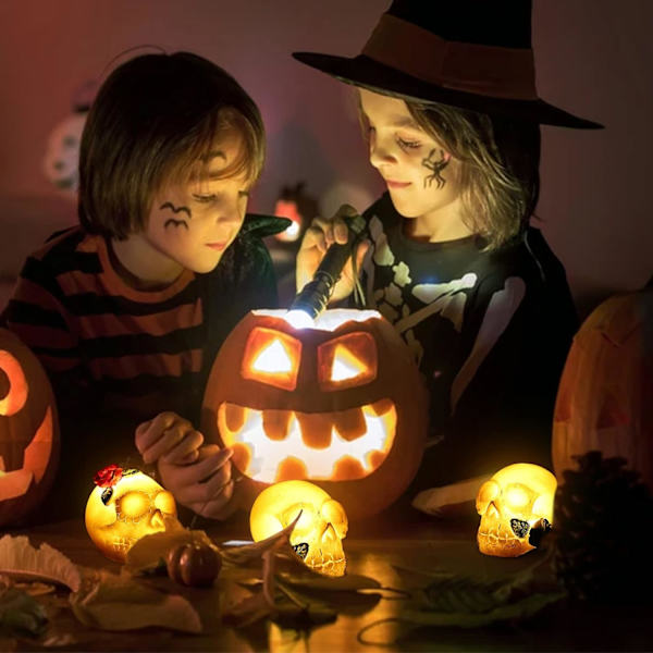 LED-skalleljushållare, 3 st Halloween-batteridrivna lampor, realistiska flamlösa färger Ba