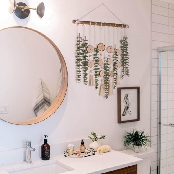 Kunstig Eucalyptus Veggdekorasjon Falske Grønne Blader Stilker Vegg Hengende Planter på Trepinne Boho Rustikk Landstil