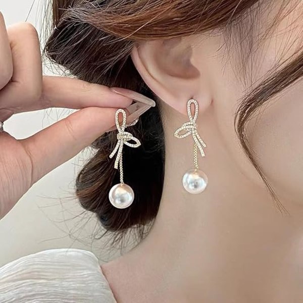 Sløjfe Perle Øreringe til Kvinder Krystal Sløjfe Øreringe Guld Sløjfeknude Hænge Øreringe Elegant Statement Perle Øreringe Smykkegaver