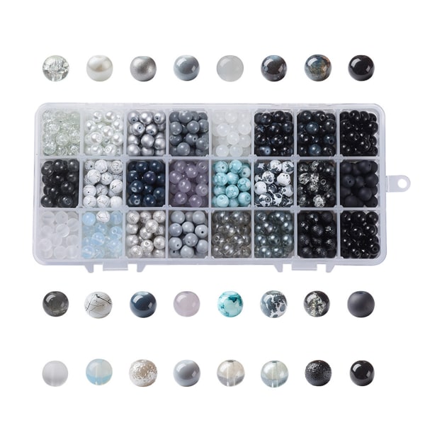 24 färgade 8 mm runda glaspärlor, 720 lösa svarta och vita