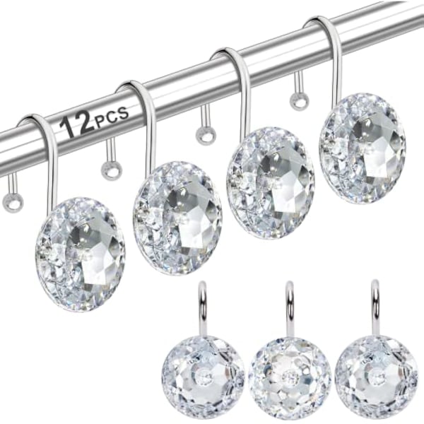 2,5 tommer 12 stk Dusjforhengkroker Ringer til Bad, Rustfritt Stål Rustbestandig Dekorative Rhinestones Henger for