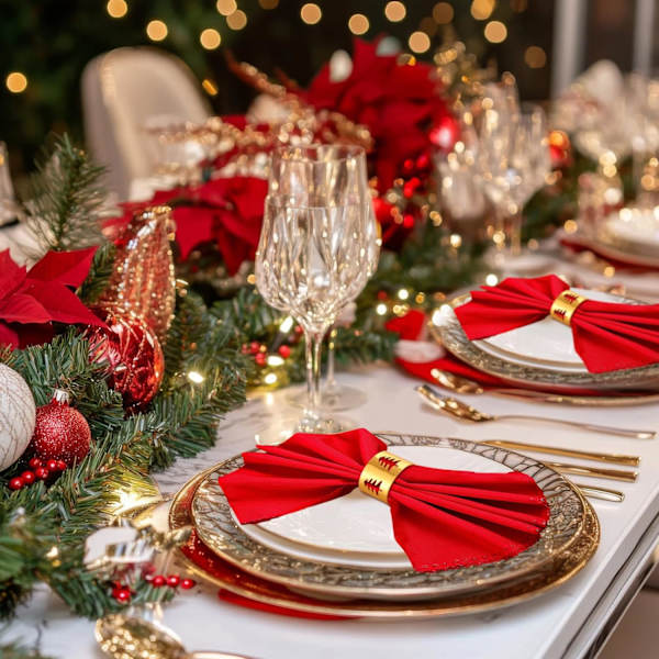 Sett med 6 jule-serviettringer - Gull serviettholdere med juletre, serviettspenner til jul, Thanksgiving, høytid