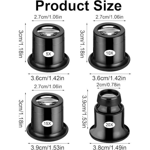 Paket 5X/10X/15X/20X Handhållen Juvelerarlopp Förstoringsglas Kupol Monokulära Luppar för Ädelstenar, Diamantstämplar, Läsning, Tidningar, Hantverk, Klockreparation