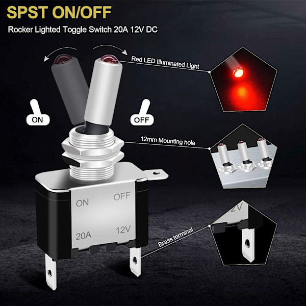 3 stk. vippekontakt 12V 20A ON/OFF 2 position 3 pin SPST kontakt 12V vippekontakt med rød LED, til B