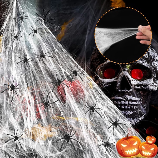 200g Halloween Spindelvev med 80 Svarte Edderkopper, Hvit Spindelvev, for Innendørs og Utendørs Halloween