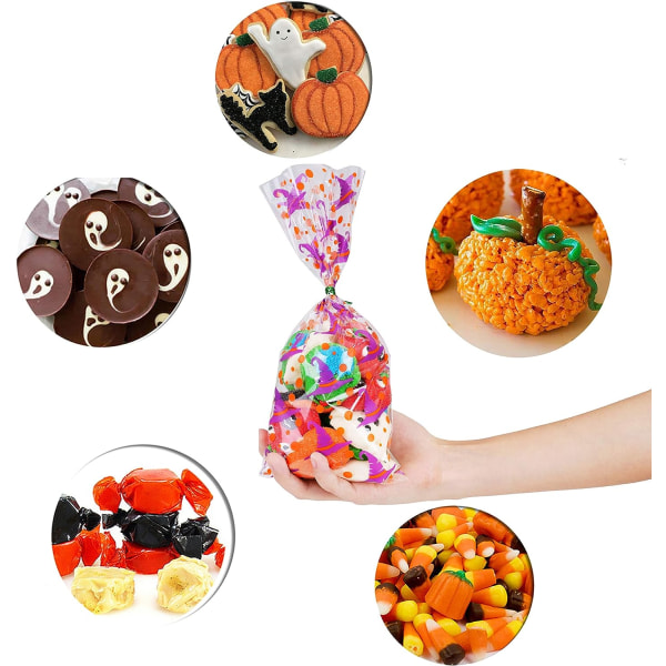 200 pakker Halloween Cellophane godteriposer, Halloween flaggermus, gresskar og hekser godteriposer med vri