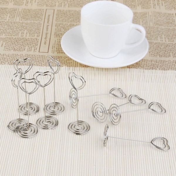 (Sølv) 20 x Metallhjerte Swirl Memo Notat Klipsholder Stativ for Bryllup eller Andre Anledninger