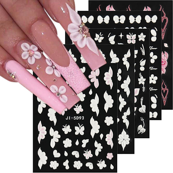 10 Ark 5D Präglade Vita Blommor Nagelklistermärken, Självhäftande Blommor Nageldekaler, Vårblommig Nagelkonst, Rosknopp
