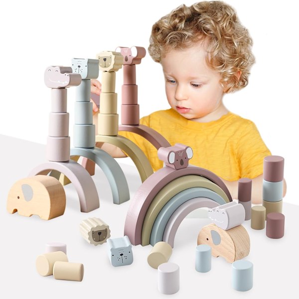 Montessori Trä Regnbåge för Stapling och Sortering, Balans Spel för Barn 1-3 År, Stapling Byggnad
