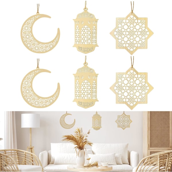 6 stykker træ Eid al-Fitr ornamenter, DIY Eid ornament dekoration
