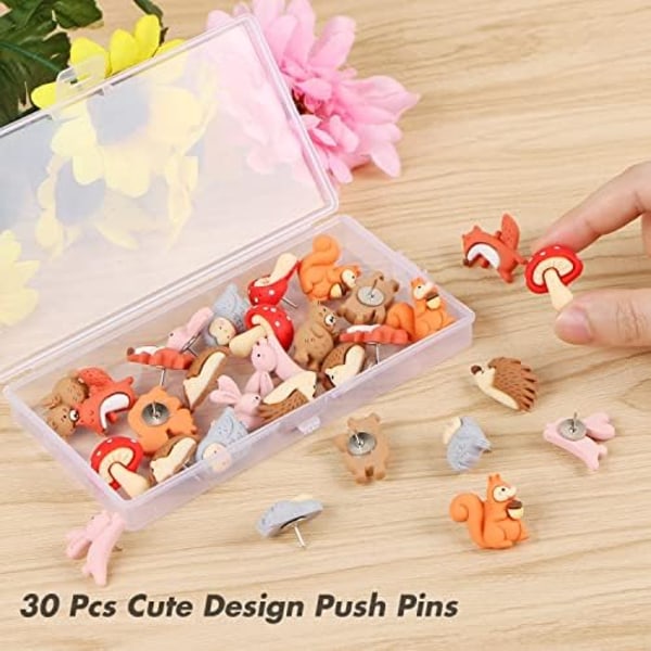 30 st Forest Djur Push Pins, Resin Ekorre Räv Uggla Svamp Push Pins Dekorativa Djur Tumspikar Korkbräda Tum