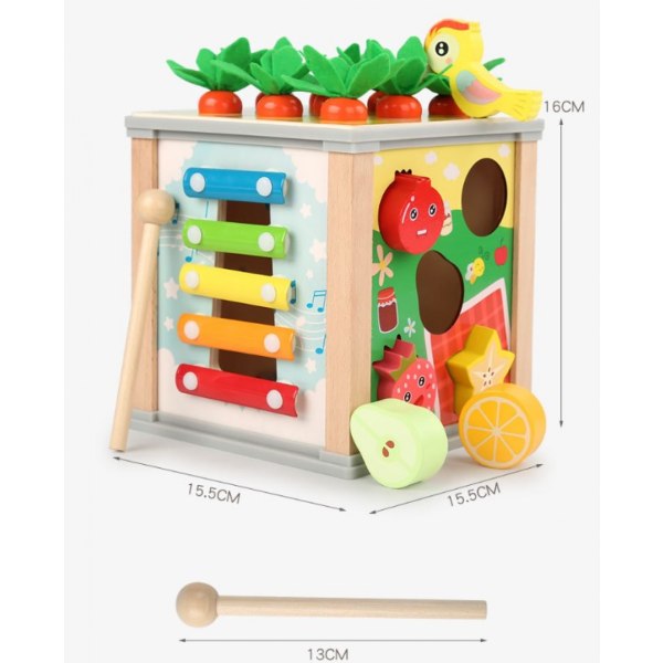 Träaktivitetskub 6 i 1 Träleksak Baby Year Development Montessori Sensorisk Aktivitetskub Gård T