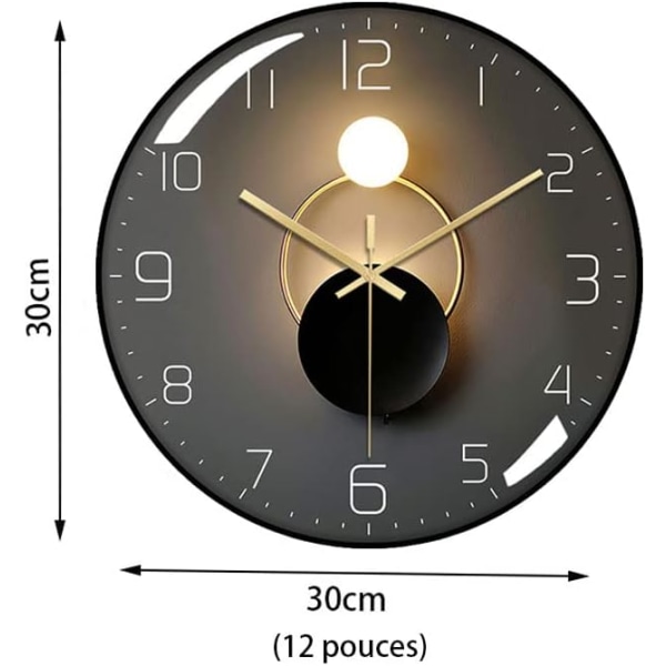 Moderne lydløs veggklokke, 30 cm diameter veggklokke, rund digital kvartsklokke, egnet for stue