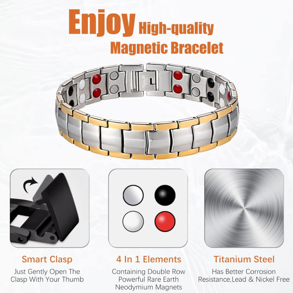 （Sølv） Magnetiske armbånd i titanium stål til mænd, 4 Element Doub