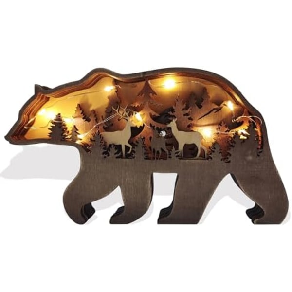 18x10.5x2.5cm Light Up Bear Art Decor Wooden Brown Bear Figurine with LED Home Shelf Desk Decorations Rustic Multi-Layer