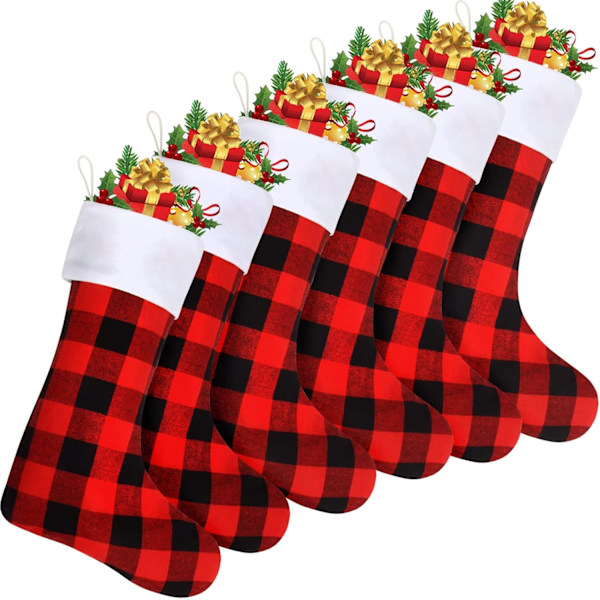 6-pack Julklappsstrumpor i Buffalo Plaid, 44×19×24cm, 18 tum Stora Röda Svarta för Familjen