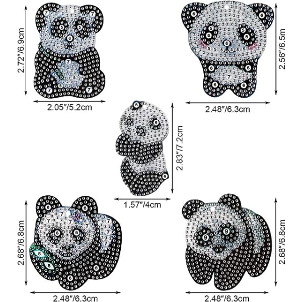 5 stykker DIY 5D Panda Diamond Painting nøgleringe, Rhinestone