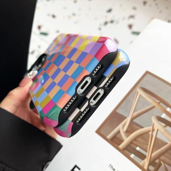 Fodral för iPhone 15 Pro, Sött Färgglatt Rutigt Stötsäkert Smalt Mjukt TPU och Hårdt PC Skyddande Fodral Kompatibelt med