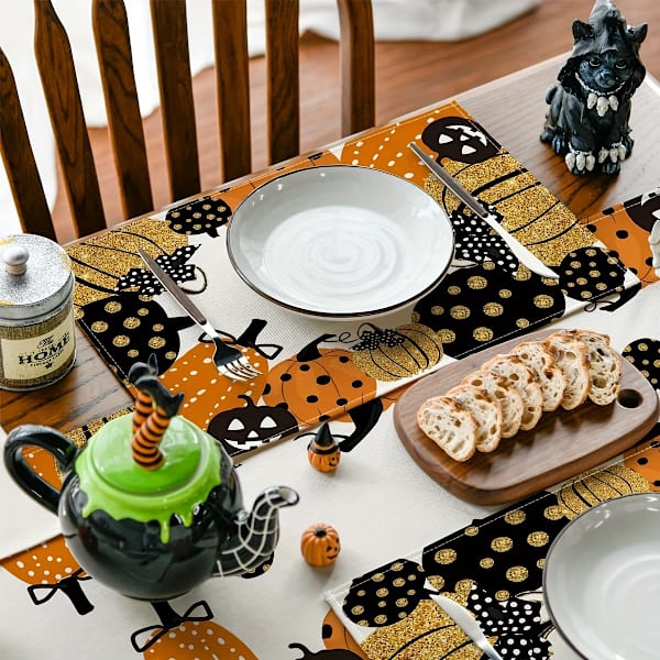 Halloween Servietter Sett med 4 Gresskar Vaskbare Bordservietter Lilla Farge Høstferiefest Spisestue Hjemmebordservietter Ha
