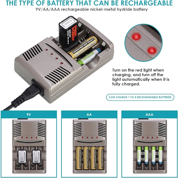 Smart Batteriladdare, 4 Fack Universal Batteriladdare, Universal Batteriladdare LED Smart Batteri