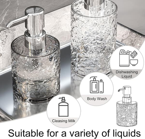 Sæt med 2 sæbedispensere 300ML - Transparent grå brusegeldispenser - Køkkensæbedispenser - Rund skridsikker sæbedispenser