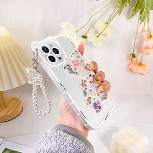 Yhteensopiva iPhone 15 Pro Max -kotelon kanssa, Selkeä söpö kukka- ja karhukuvio tytöille ja naisille, ketjunauha ranteeseen