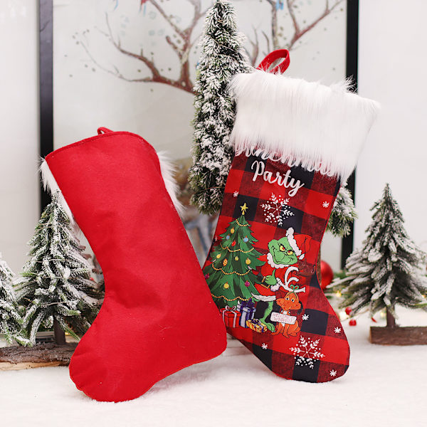 Grinch julstrumpor set om 4, rolig julklappspåse, julspisdekoration för barn,