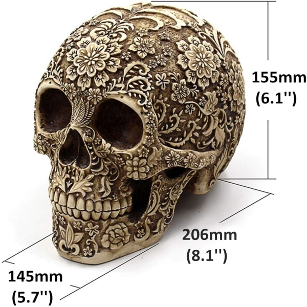 Kreativ kranie og blomsterskulptur 8,2 tommer, skeletstatue, Halloween indendørs menneskeskalle hjem