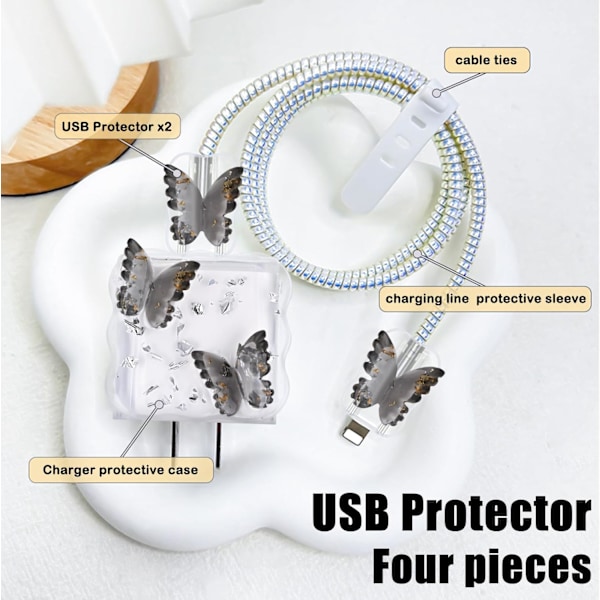 Kabelskydd för iPhone Adapter Laddare, Sött Lyxigt 3D Fjärilsmönster, Transparent Datakabel Trådsparare Laddarskydd för iPhone 11 12 13 1