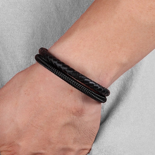 Mænds sort læderarmbånd Mænds vævet læderarmbånd Gi