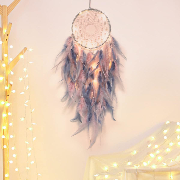 1 stk Drømmesnapper Lys Op Håndlavet Fjer Drømmesnappere Boho Væghængning til Piger Børn Soveværelse Bohemian Hjem Dec