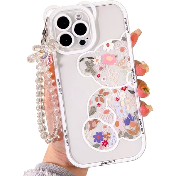 Kompatibel for iPhone 15 Pro Max Deksel Klart Søtt Blomst Blomsterbjørn for Jenter Kvinner Mønster med Kjede Lanyard Håndleddsreim