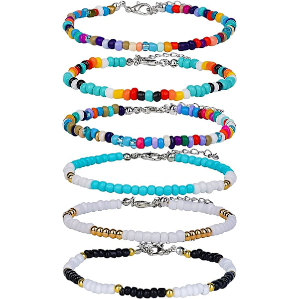 Set med 6 handgjorda pärlade anklets, färgglada Boho glaspärlor