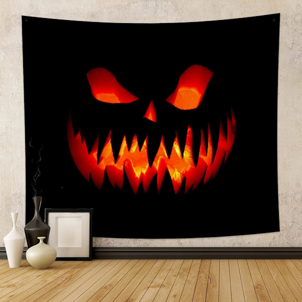 Halloween-aiheinen seinävaate, Spooky Lantern Pumpkin Wall Tapestry Goth Fire Ghost Face Dark Horror Scen