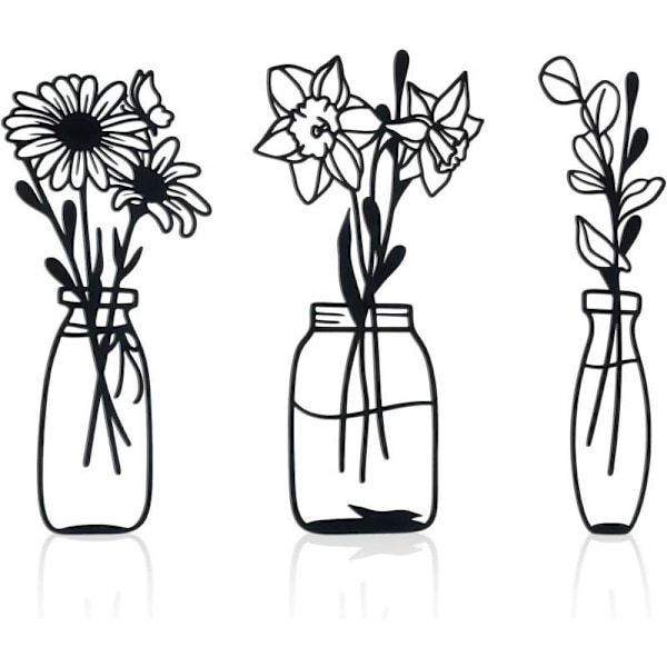 (Svart, Vas-A) 3 Delar Metall Blommor Väggkonst - Rustik Bondgårdsdekor Svart Minimalistisk Blomma Väggdekorationer för Vardagsrum Badrum Sovrum Matsal