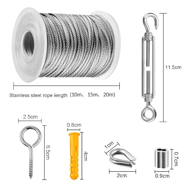 (20m)304 Rostfritt Stål Rep Hängande Kit, Nylonbelagd Rostfritt