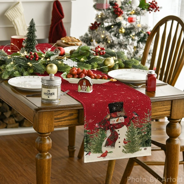 33×183×1cm Snemand Jul Fugle Træer Bordløber, Sæsonbestemt Vinter Jul Ferie Køkken Spisestue Bord Dekoration til