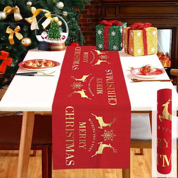 Joulupöydän juoksija, punainen pellavapöytäliina ja Deco T