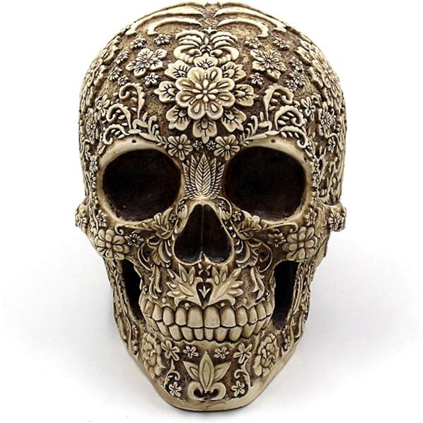 Kreativ kranie og blomsterskulptur 8,2 tommer, skeletstatue, Halloween indendørs menneskeskalle hjem