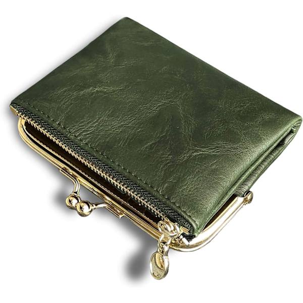 (Grønn) Damelommebok Liten Kompakt Bifold Lær Vintage Myntpung med Glidelås og Kysslås