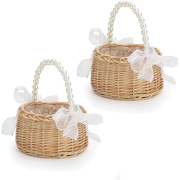 2 stk. Flettet Rattan Blomsterpigekurv Bryllup Blomsterpigekurv med Perlehåndtag og Sløjfe Fe Blomsterkurv Håndvævet