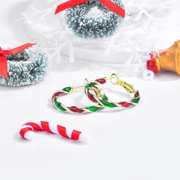 1 par Juleøreringe til kvinder, lette julehøjtidsfarvede slikguld store hoops til julefest