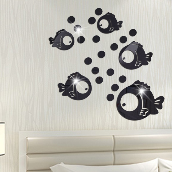 1pc (black) 3D Acrylic Wall Sticker Fish and Bubbles Mirror Stick