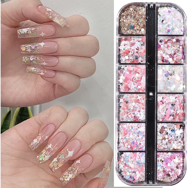 3 st 12-rutors nagelkonst glittersekvenser, holografiska hexagon chunky nagelglitter glänsande hjärta sjöjungfru nagelflingor sekvenser