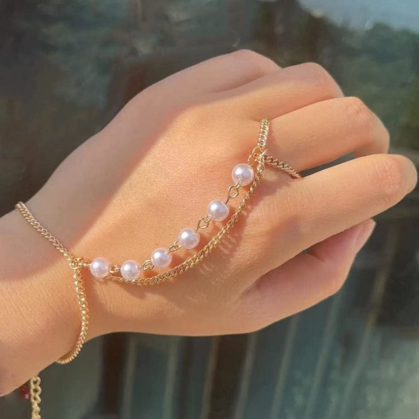 Pearl Chain Ring Armband Golden Hand Harness Armband Fin